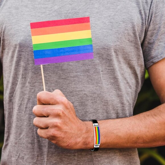 Fashionable Rubber and Stainless Steel Rainbow Bracelet - Multi-Occasion Wear - Picture 5 of 7